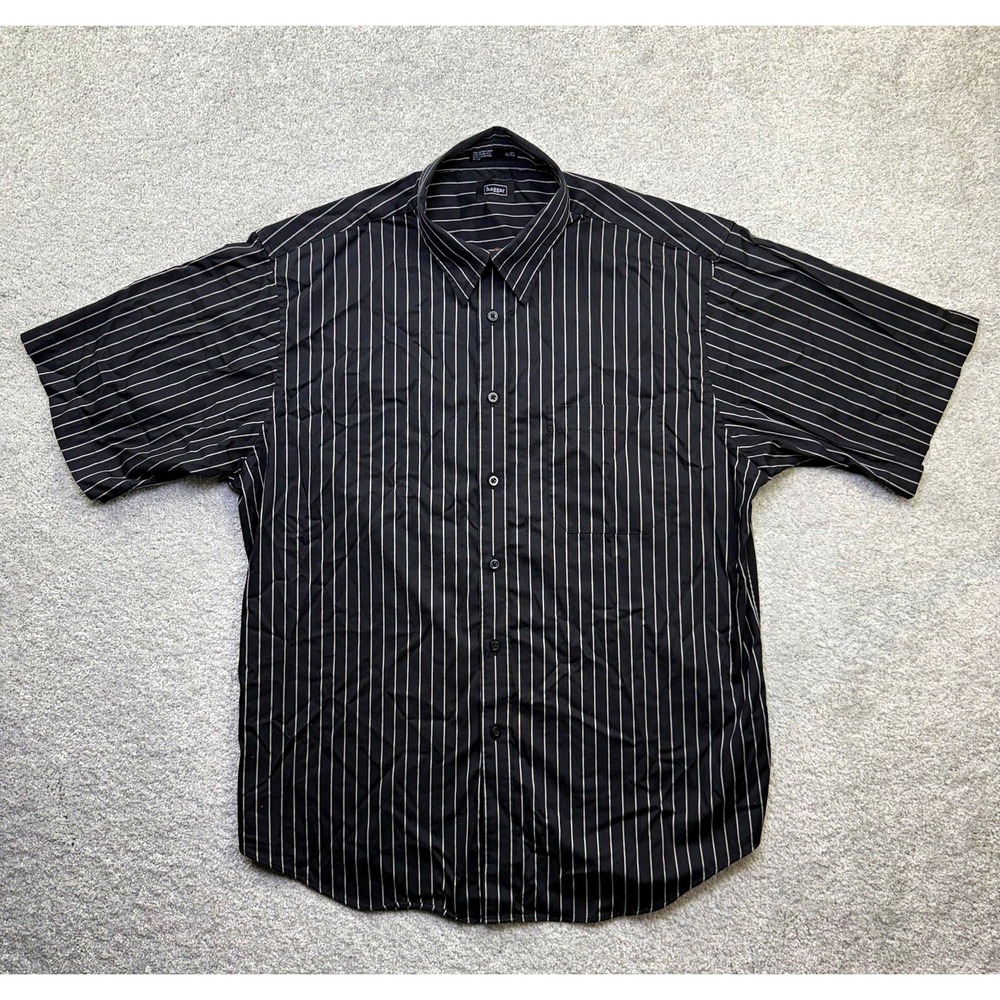 Haggar Mens XL Black White Pinstripe Short Sleeve Button Up Casual Dress Shirt